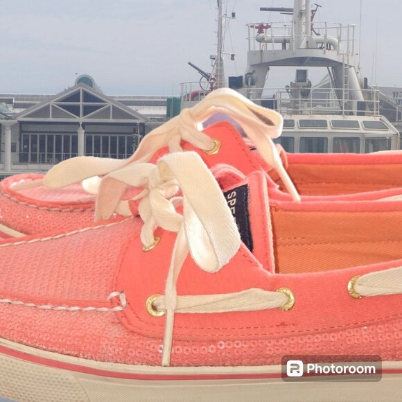 Women's Sperry Top Siders Coral Clear Sequins Size 9M 2 Eye Tie Preowned - Picture 6 of 9